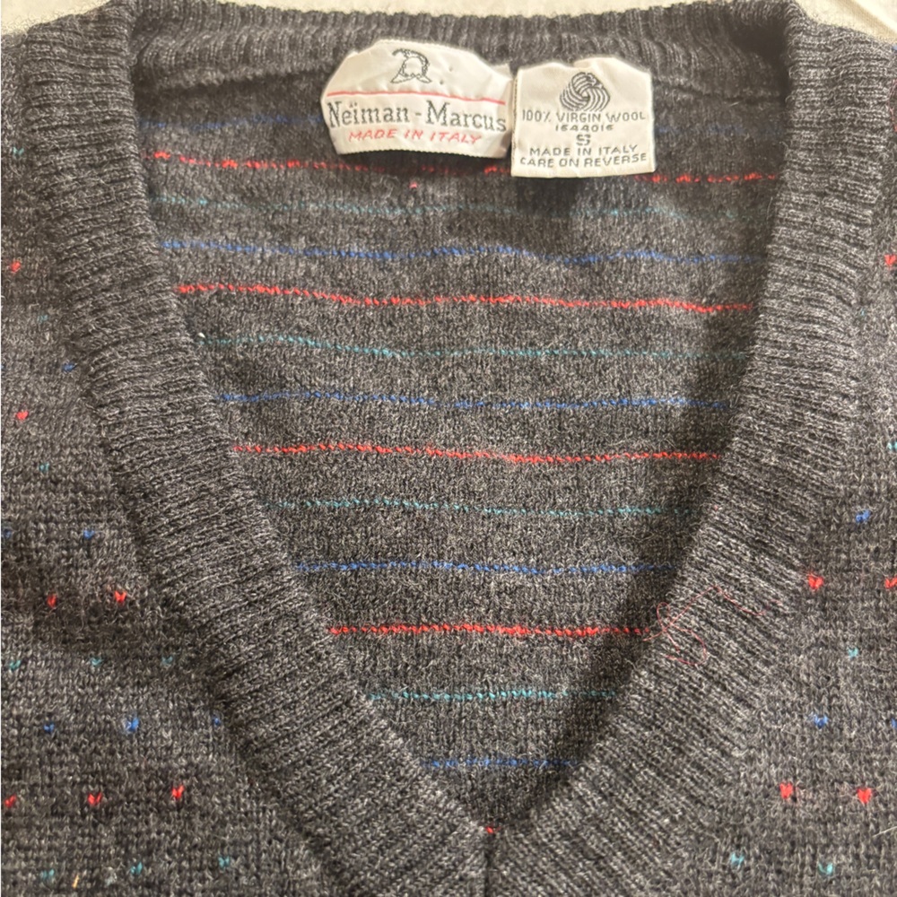 Neiman Marcus Charcoal V-Neck Sweater Vest with Red and Blue Accents, Vintage